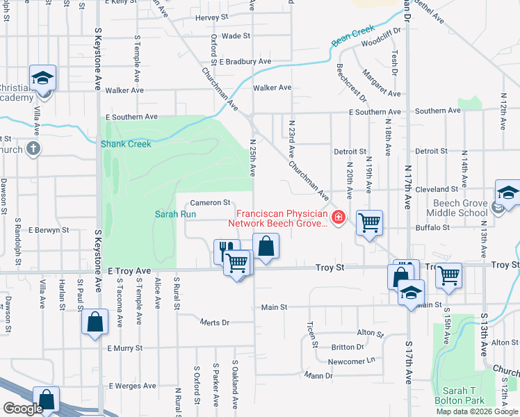 map of restaurants, bars, coffee shops, grocery stores, and more near 231 North 25th Avenue in Beech Grove