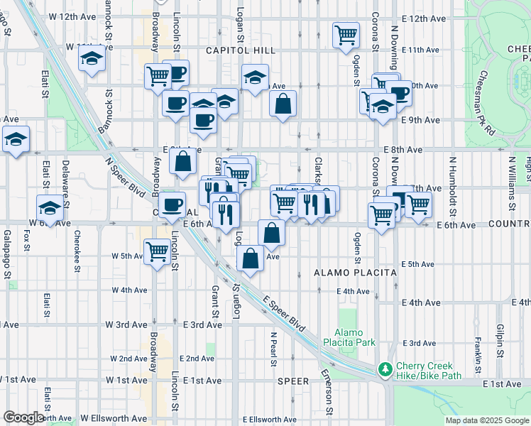 map of restaurants, bars, coffee shops, grocery stores, and more near 624 Pennsylvania Street in Denver
