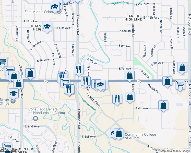 map of restaurants, bars, coffee shops, grocery stores, and more near 15551 East 6th Avenue in Aurora