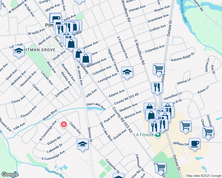 map of restaurants, bars, coffee shops, grocery stores, and more near 25 Washington Avenue in Pitman