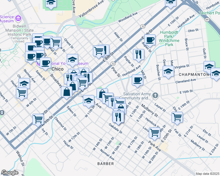 map of restaurants, bars, coffee shops, grocery stores, and more near in Chico