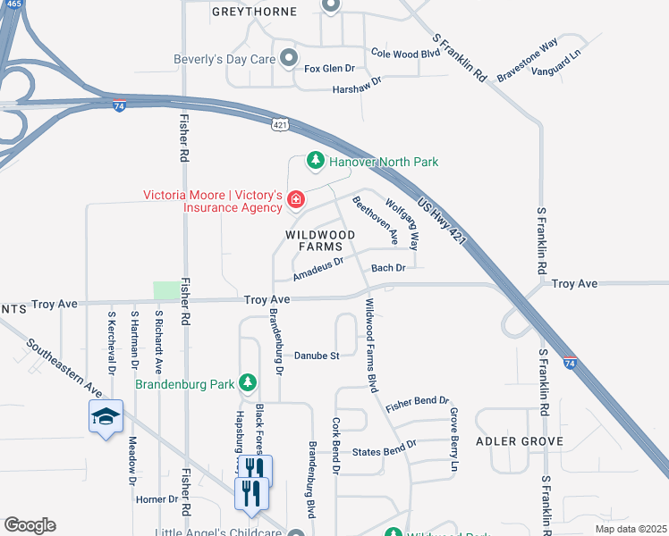 map of restaurants, bars, coffee shops, grocery stores, and more near 7841 Amadeus Drive in Indianapolis