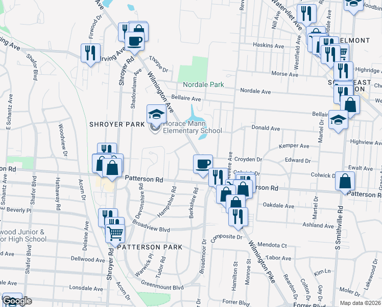 map of restaurants, bars, coffee shops, grocery stores, and more near 1053 Wilmington Avenue in Dayton