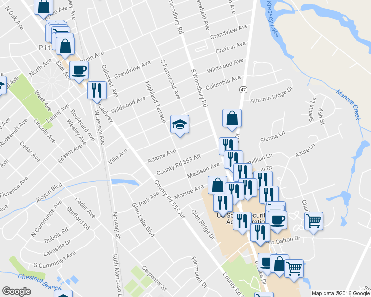 map of restaurants, bars, coffee shops, grocery stores, and more near 205 Adams Ave in Pitman