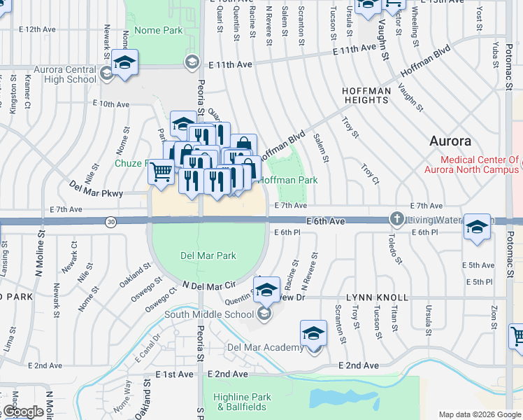map of restaurants, bars, coffee shops, grocery stores, and more near 152 East Del Mar Circle in Aurora