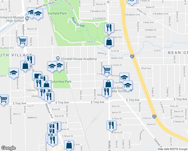 map of restaurants, bars, coffee shops, grocery stores, and more near 961 East Yoke Street in Indianapolis