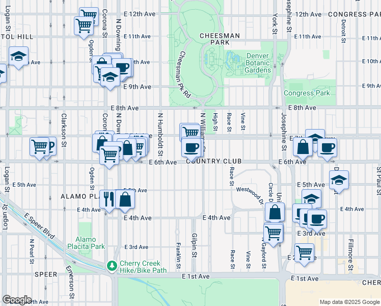 map of restaurants, bars, coffee shops, grocery stores, and more near 630 Gilpin Street in Denver