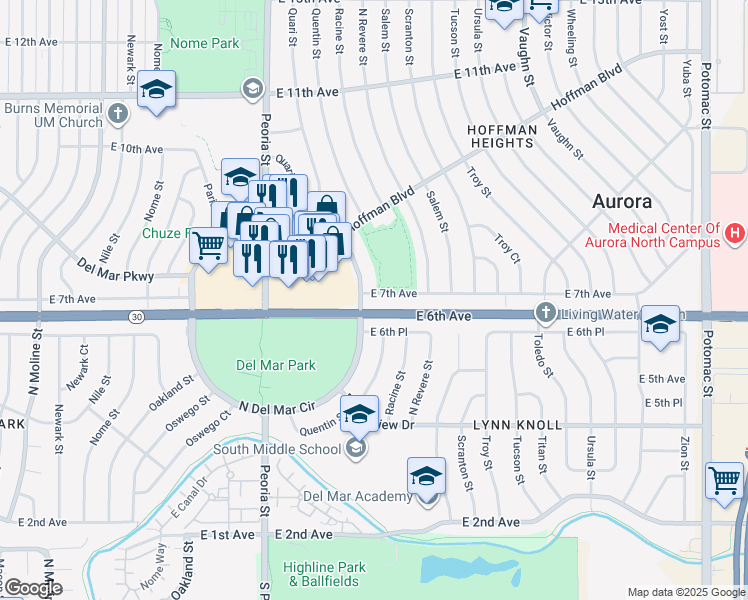 map of restaurants, bars, coffee shops, grocery stores, and more near 12540 East 7th Avenue in Aurora