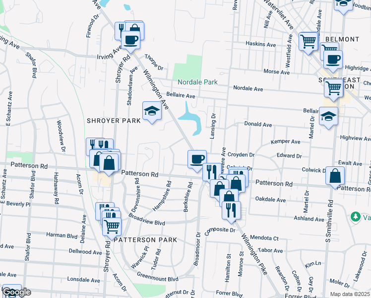 map of restaurants, bars, coffee shops, grocery stores, and more near 1053 Wilmington Avenue in Dayton