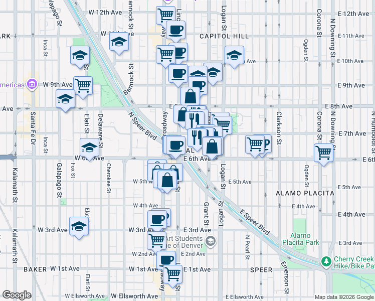 map of restaurants, bars, coffee shops, grocery stores, and more near 629-645 Sherman Street in Denver