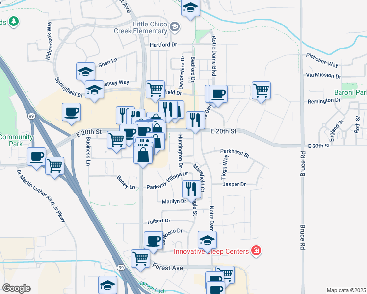 map of restaurants, bars, coffee shops, grocery stores, and more near 2026 Huntington Drive in Chico