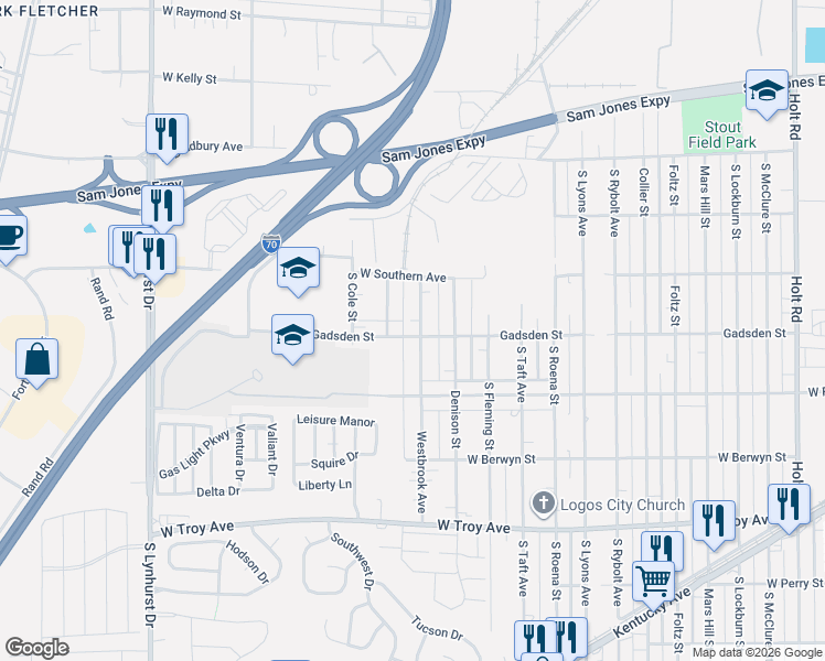 map of restaurants, bars, coffee shops, grocery stores, and more near 2701 Westbrook Avenue in Indianapolis