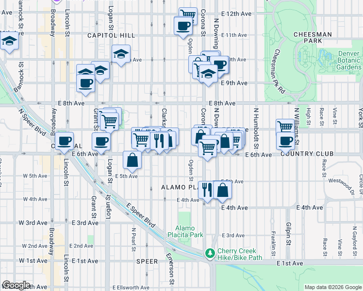 map of restaurants, bars, coffee shops, grocery stores, and more near 618 Emerson Street in Denver