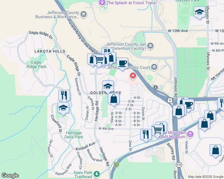 map of restaurants, bars, coffee shops, grocery stores, and more near 705-1199 Golden Cir in Golden