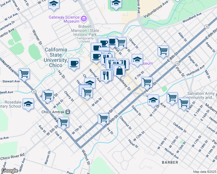 map of restaurants, bars, coffee shops, grocery stores, and more near 530 Normal Avenue in Chico