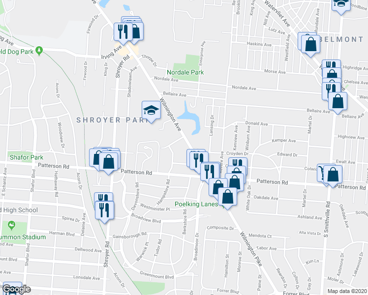 map of restaurants, bars, coffee shops, grocery stores, and more near 1053 Wilmington Avenue in Dayton