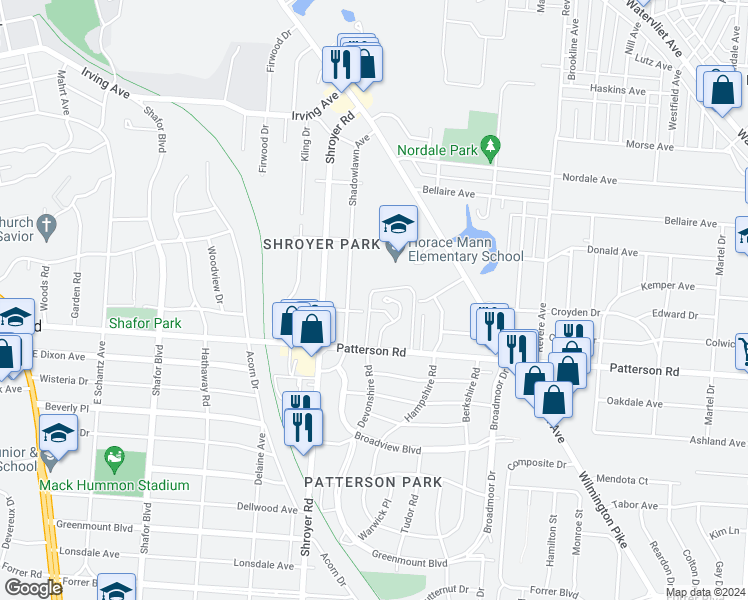map of restaurants, bars, coffee shops, grocery stores, and more near 607 Roy Avenue in Dayton