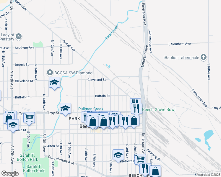 map of restaurants, bars, coffee shops, grocery stores, and more near 220 North 5th Avenue in Beech Grove