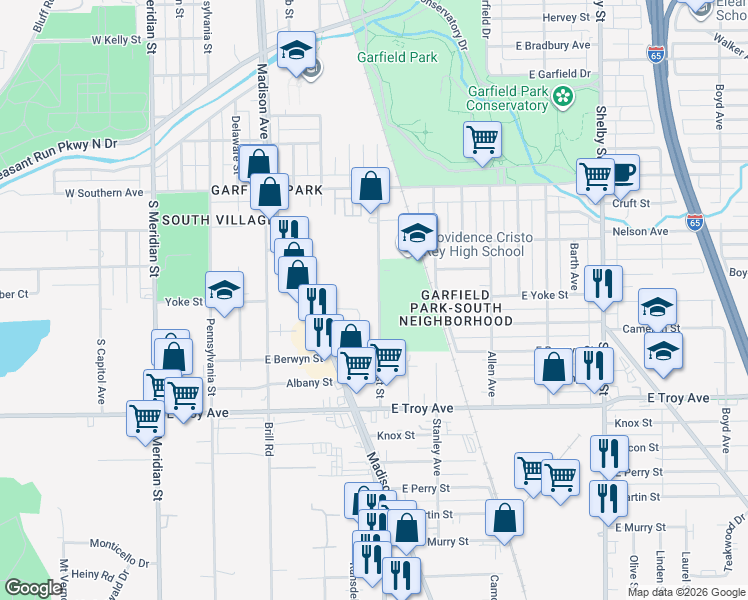map of restaurants, bars, coffee shops, grocery stores, and more near 2760 South East Street in Indianapolis