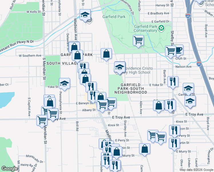 map of restaurants, bars, coffee shops, grocery stores, and more near 2760 South East Street in Indianapolis