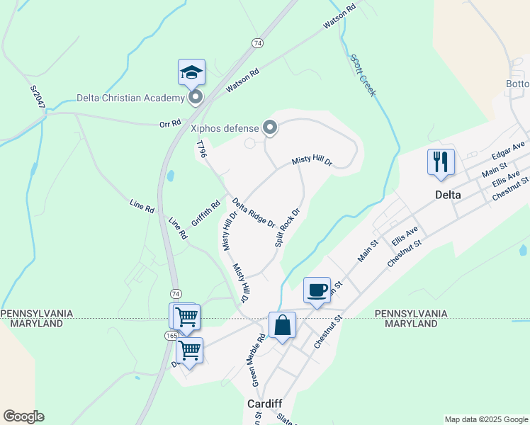 map of restaurants, bars, coffee shops, grocery stores, and more near 73 Delta Ridge Drive in Delta
