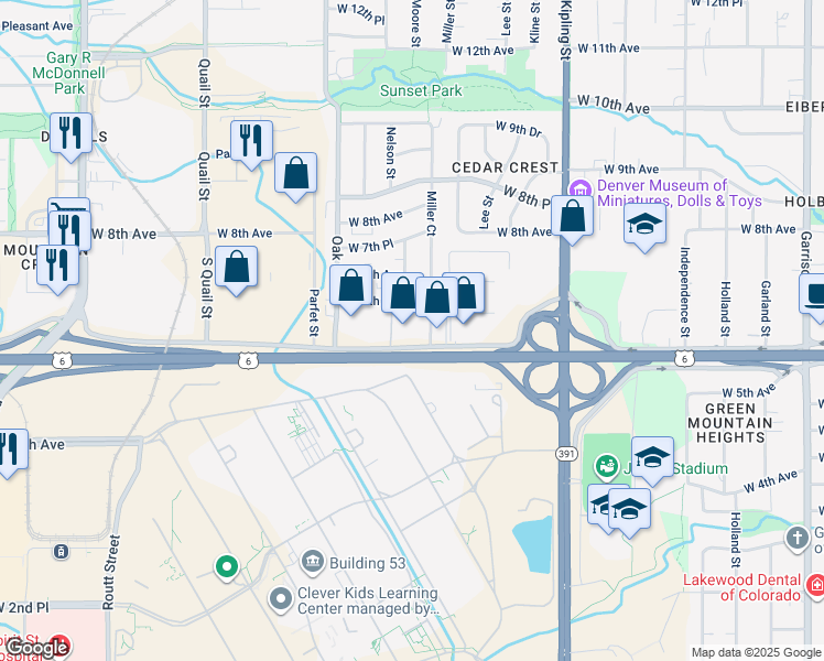 map of restaurants, bars, coffee shops, grocery stores, and more near 10455 West 6th Avenue Frontage Road in Lakewood