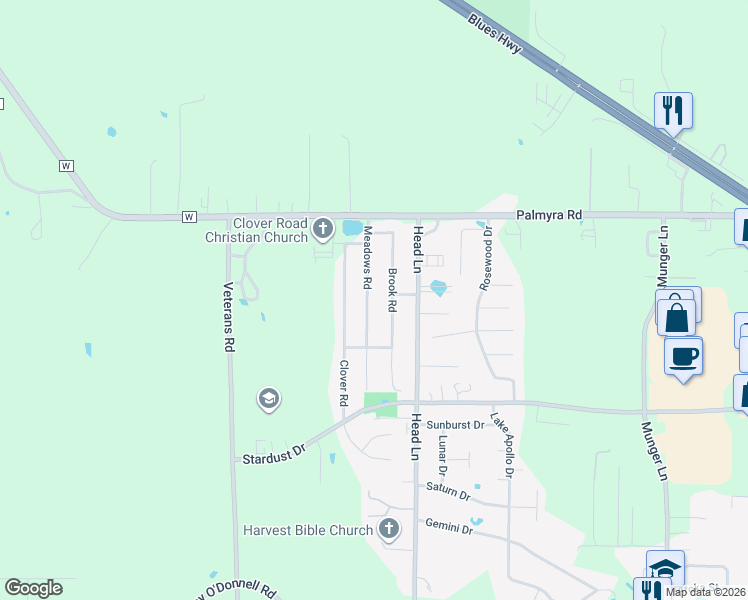 map of restaurants, bars, coffee shops, grocery stores, and more near 79 Meadows Road in Hannibal