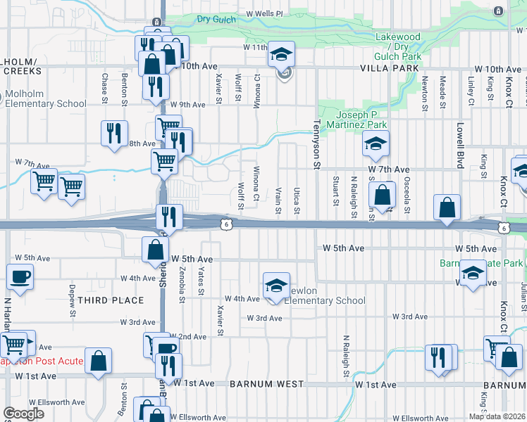 map of restaurants, bars, coffee shops, grocery stores, and more near 611 Vrain Street in Denver