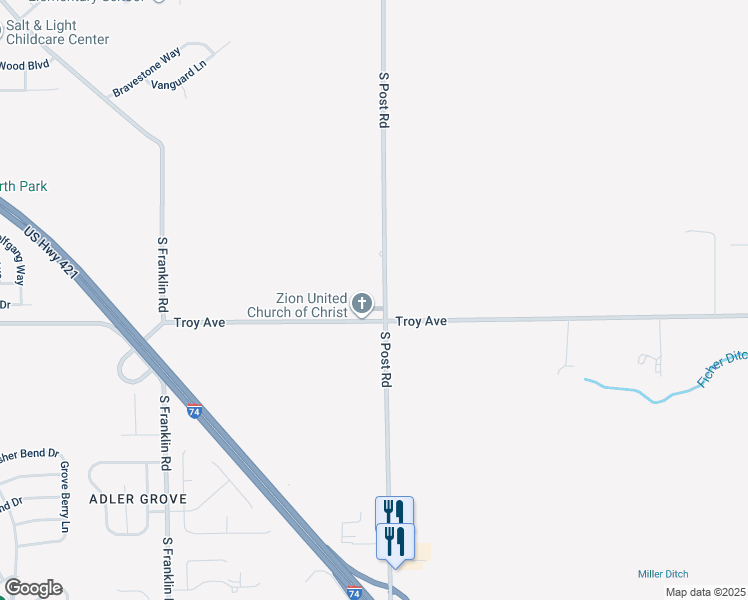 map of restaurants, bars, coffee shops, grocery stores, and more near 2940 South Post Road in Indianapolis