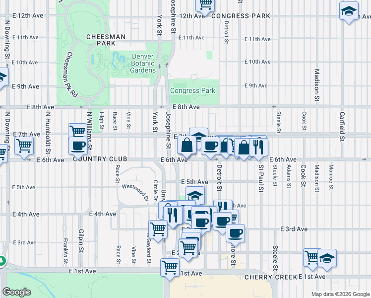 map of restaurants, bars, coffee shops, grocery stores, and more near 615 Columbine Street in Denver