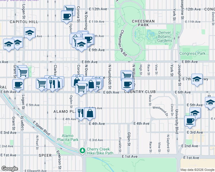 map of restaurants, bars, coffee shops, grocery stores, and more near 615 Humboldt Street in Denver