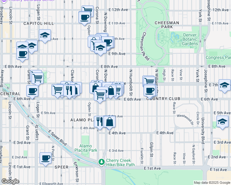 map of restaurants, bars, coffee shops, grocery stores, and more near 620 North Marion Street in Denver