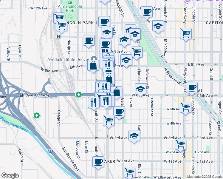 map of restaurants, bars, coffee shops, grocery stores, and more near in Denver