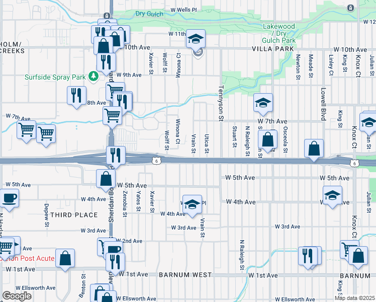 map of restaurants, bars, coffee shops, grocery stores, and more near 611 Vrain Street in Denver