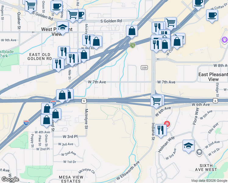 map of restaurants, bars, coffee shops, grocery stores, and more near 600 Kilmer Street in Golden