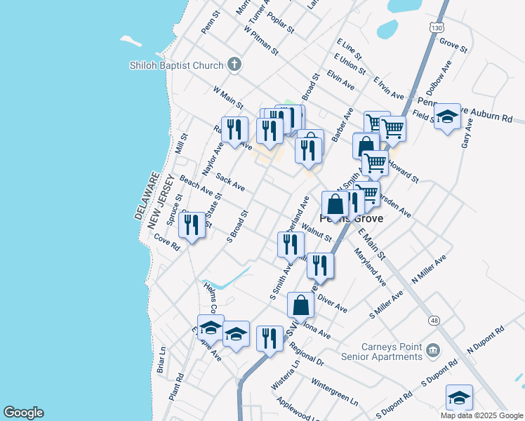 map of restaurants, bars, coffee shops, grocery stores, and more near 111 Tyrone Avenue in Penns Grove