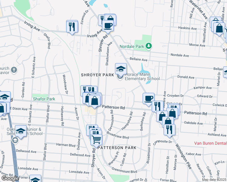 map of restaurants, bars, coffee shops, grocery stores, and more near 607 Roy Avenue in Dayton