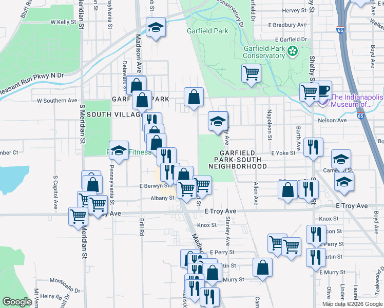 map of restaurants, bars, coffee shops, grocery stores, and more near 2760 South East Street in Indianapolis