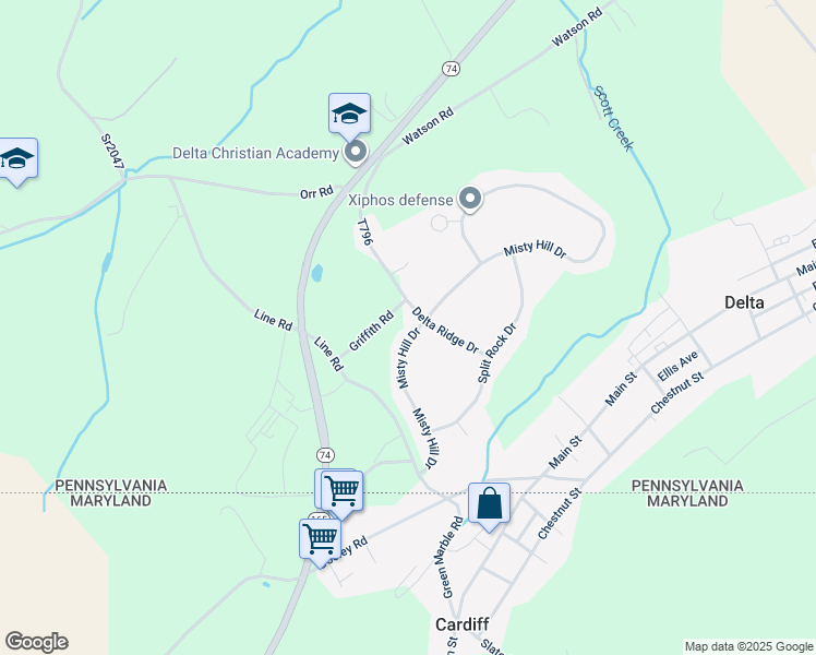 map of restaurants, bars, coffee shops, grocery stores, and more near 179 Misty Hill Drive in Delta