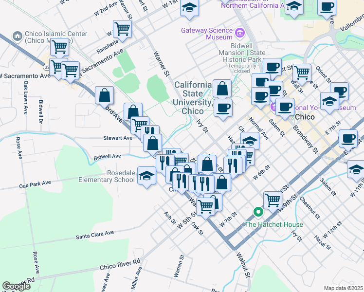 map of restaurants, bars, coffee shops, grocery stores, and more near 848 West 1st Street in Chico