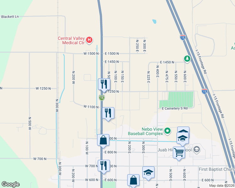 map of restaurants, bars, coffee shops, grocery stores, and more near 1228 North 100 East in Nephi