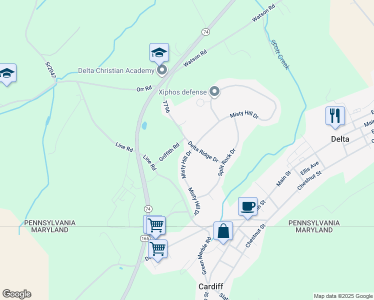 map of restaurants, bars, coffee shops, grocery stores, and more near 179 Misty Hill Drive in Delta