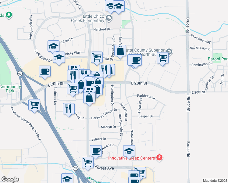 map of restaurants, bars, coffee shops, grocery stores, and more near 2033 Huntington Drive in Chico