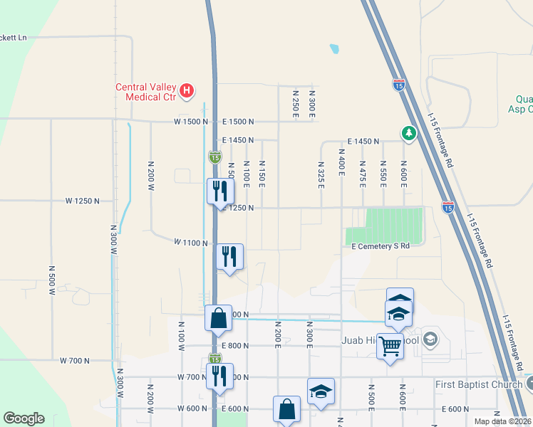 map of restaurants, bars, coffee shops, grocery stores, and more near 150-198 East 1250 North in Nephi