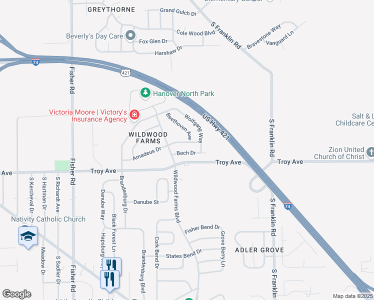 map of restaurants, bars, coffee shops, grocery stores, and more near 8006 Bach Drive in Indianapolis
