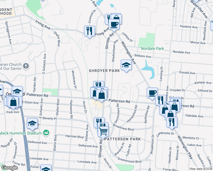 map of restaurants, bars, coffee shops, grocery stores, and more near 576 Shroyer Road in Kettering