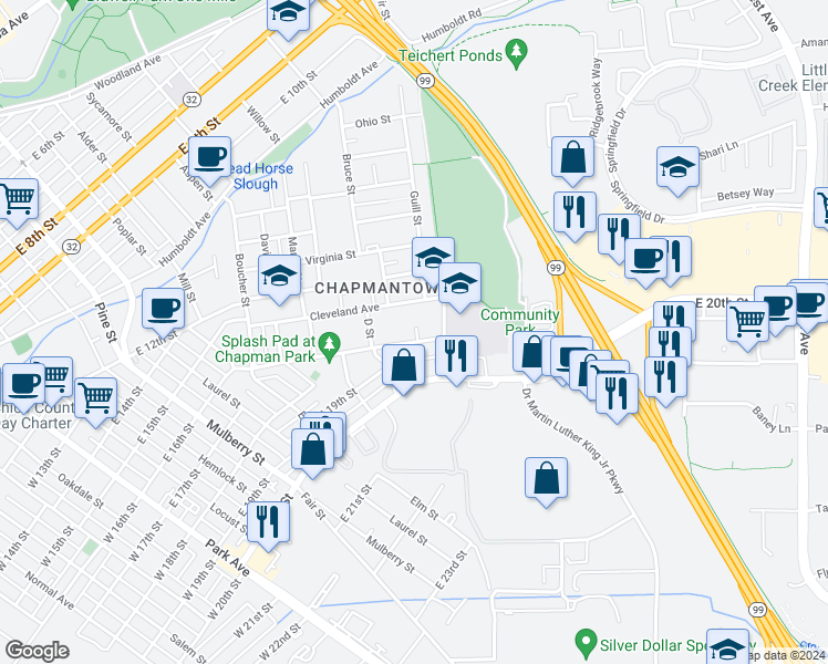 map of restaurants, bars, coffee shops, grocery stores, and more near 992 East 16th Street in Chico