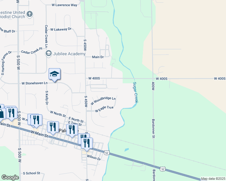 map of restaurants, bars, coffee shops, grocery stores, and more near 4330 West Woodbridge Lane in New Palestine