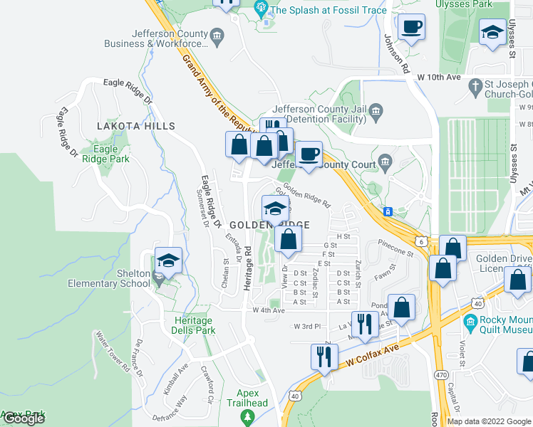 map of restaurants, bars, coffee shops, grocery stores, and more near 1250 Golden Circle in Golden