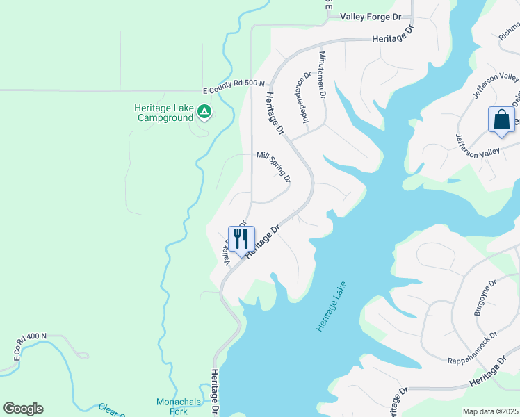 map of restaurants, bars, coffee shops, grocery stores, and more near 409 Mill Spring Drive in Fillmore